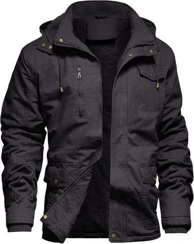 Vista 18 de Chaqueta de invierno para hombre, chaqueta militar, chaqueta tipo cargo con forro polar, chaqueta cálida con capucha desmontable, chaqueta