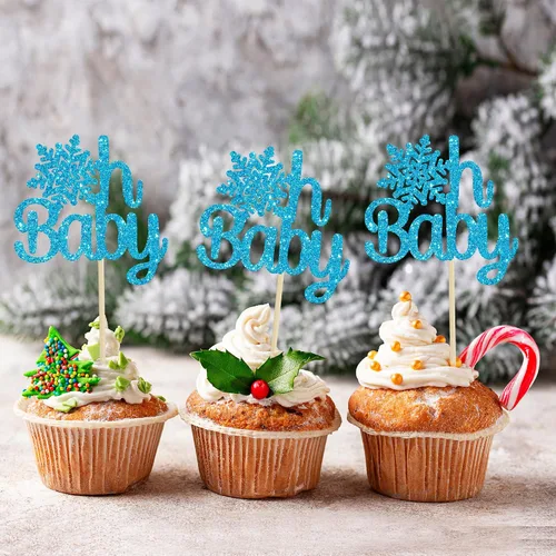 Vista 7 de Gyufise Paquete de 24 adornos de copos de nieve Oh Baby para cupcakes con purpurina azul Frozen Oh Baby Pick Decoraciones para baby shower