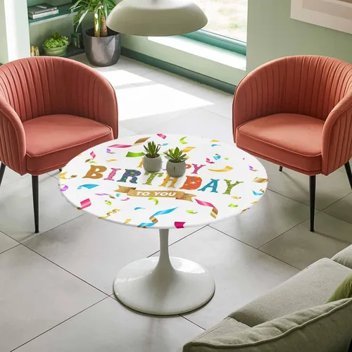 Vista 7 de Mantel redondo ajustable de feliz cumpleaños, con diseño de rayas de colores, diseño de lunares, elástico, impermeable, para interiores