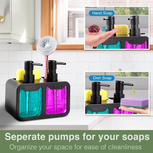 Vista 4 de Juego de dispensador de jabón para platos y manos, dispensador de jabón doble para fregadero de cocina, dispensador de jabón de manos 4 en 1
