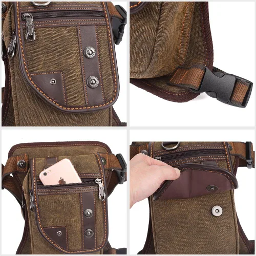 Vista 6 de Bolso de mensajero de lona vintage para hombre, bolso de mensajero de retazos de cuero en el pecho