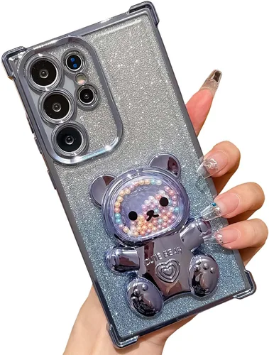 Vista 24 de Trendy Bear Kickstand - Marco con forma de onda rizada con purpurina suave TPU protectora compatible con Samsung Galaxy Case (negro, S22 Ultra)