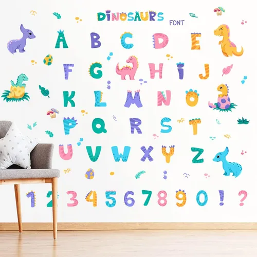 Vista 2 de Adhesivos de pared con alfabetos de dinosaurio, adhesivos de vinilo con números ABC, coloridos para aula, habitación de niños, sala