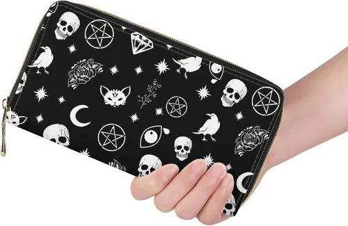 Vista 5 de Cartera larga con cremallera para mujer, organizador multifunción, bolso de mano, gato calavera, Cartera larga con cremallera alrededor