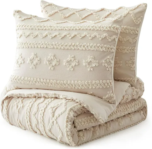 Vista 6 de Oli Anderson Juego de Edredón Beige Queen Acolchado Juego de Ropa de Cama Queen 3 Piezas, Edredón Boho Shabby Chic con 2 Fundas de Almohada