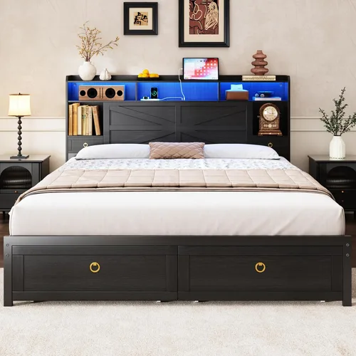 Vista 14 de TIGUBFRE - Base de cama individual con cabecera de almacenamiento, base de cama de madera estilo granja tamaño individual con 3 cajones, luz LED
