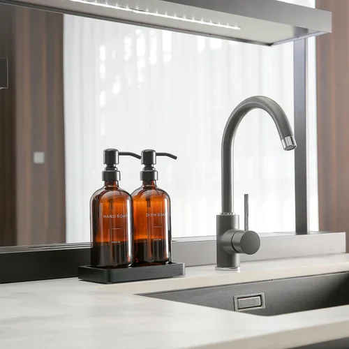 Vista 2 de Juego de dispensador de jabón ámbar Prus Waso, dispensador de jabón para fregadero de cocina con bomba de acero inoxidable negro, perfecto