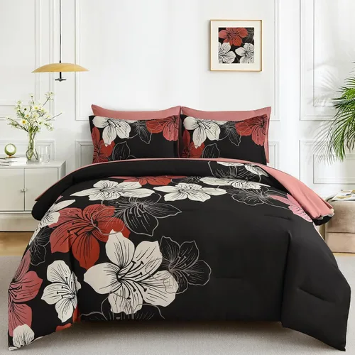 Vista 10 de Luxudecor Juego de edredón floral tamaño individual, 6 piezas de cama en una bolsa, edredón floral azul y juego de sábanas, juego de ropa de cama