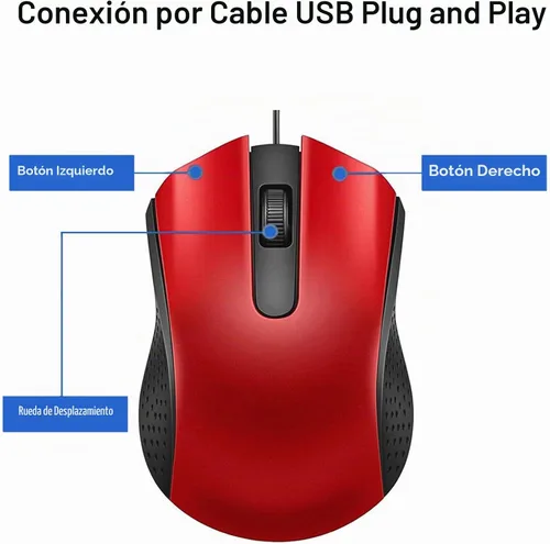 Vista 4 de Ratón de computadora USB con cable con diseño ergonómico, ratones de computadora USB para computadoras portátiles y PC, oficina y hogar (negro, rojo)