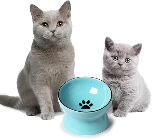 Vista 5 de ONTUBE - Cuenco elevado de cerámica para gatos, 10 onzas (azul) Ceramic, elevated, 5.3in, 10oz, pet bowl, easy-clean, non-slip, sturdy, ergonomic