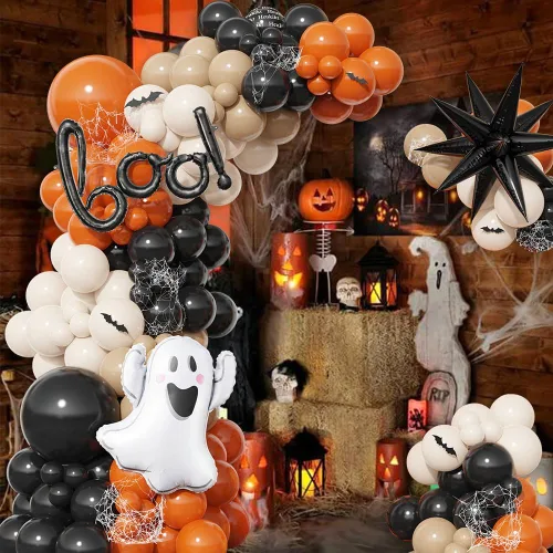 Vista 3 de Kit de arco de guirnalda de globos de Halloween Little BOO, 151 piezas de globos de látex blanco retro naranja quemado negro con globo de aluminio