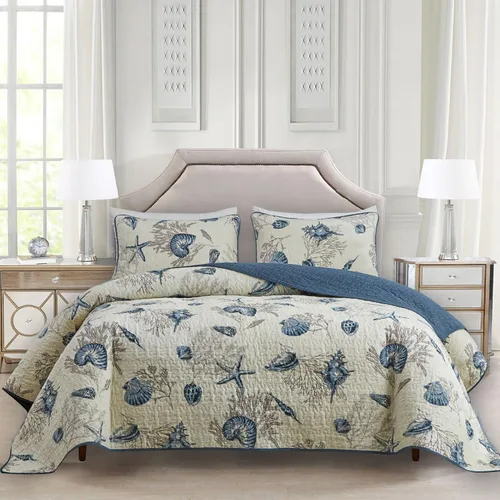 Vista 7 de ABREEZE Juego de ropa de cama con temática de playa costera, tamaño Queen, colcha reversible de algodón con diseño de conchas y conchas de mar