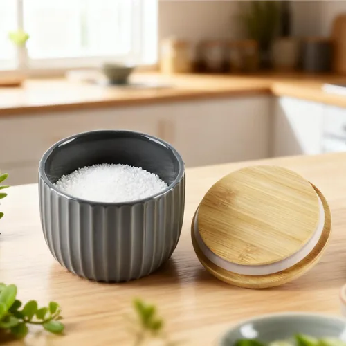 Vista 4 de Recipiente de sal con tapa de bambú, cuencos de cerámica de gran capacidad de 14 onzas, caja de pimienta, recipiente de condimentos de esmalte Negro