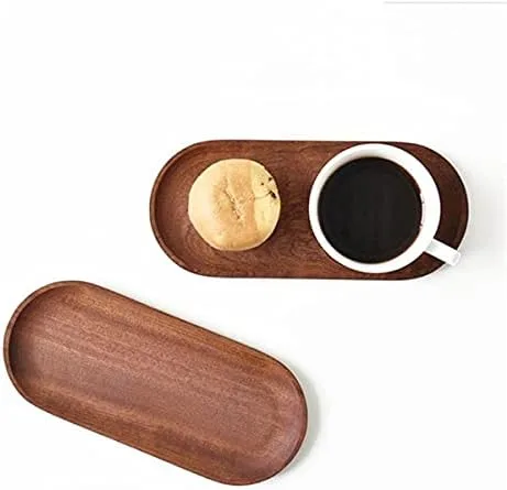 Vista 5 de Juego de 2 mini bandejas para servir joyas y monedas, bandeja ovalada de madera natural para postres, plato pequeño de queso de madera, bandeja