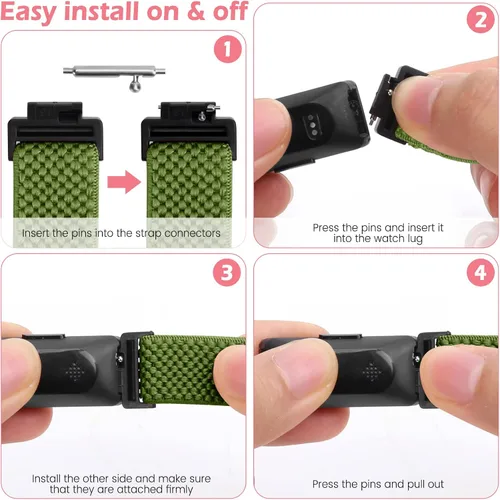 Vista 3 de Correa elástica para reloj, compatible con Fitbit Inspire 3/2/HR/Ace 2/3, correas de repuesto de nailon suave para mujeres y hombres negro+verde