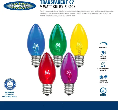 Vista 2 de Novelty Lights Paquete de 5 bombillas de repuesto C7 para exteriores, transparentes E12 Candelabra Base, 5 Watt, Transparent Incandescent Lamps