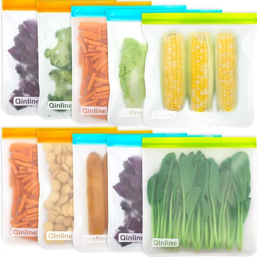 Vista 8 de Bolsas reutilizables para almacenamiento de alimentos, paquete de 10 bolsas para congelador, bolsas de almuerzo extragruesas a prueba de fugas