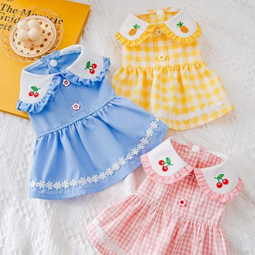 Vista 3 de Vestido de princesa para perro, vestido de princesa con solapa, bordado de cereza, suave, transpirable, vestido de verano para perros pequeños