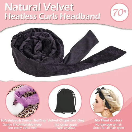 Vista 5 de Rizos sin Calor con Diadema para la Noche, 70'' Rizadores de Cabello sin Calor para Cabello Mediano a Largo, Negro