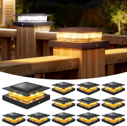 Vista 21 de NIORSUN - Luces solares de poste de 4 x 4 que cambian de color, luz solar para poste, paquete de 12 unidades, color blanco RGB Solar Post Cap Lights