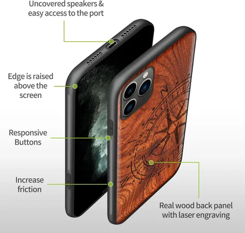 Vista 8 de Carveit Funda de madera para iPhone 11 Pro Max [madera real dura y TPU suave negro] a prueba de golpes, protector de teléfono de madera único