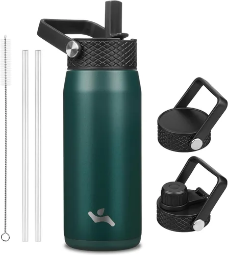 Vista 106 de Konokyo - Botella de agua aislada de 18 onzas, botellas deportivas de acero inoxidable con 3 tapas, verde militar