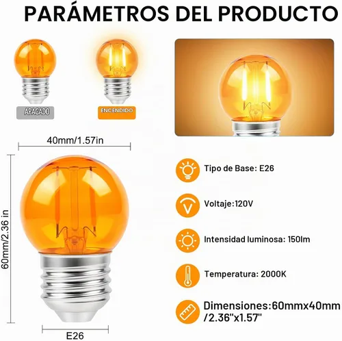 Vista 2 de KINUR G40 Bombilla pequeña de 2 vatios a 15 vatios equivalentes, luz cálida suave de bajo consumo, ámbar tenue, LED Edison 2000K, base E26