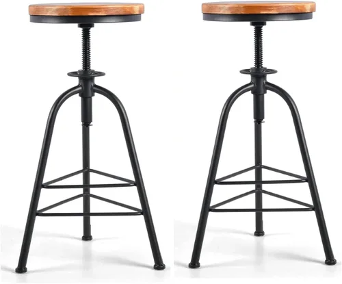 Vista 6 de Topower Taburete de bar de altura ajustable de metal de diseño industrial antiguo, silla de desayuno de comedor de cocina, taburete de madera