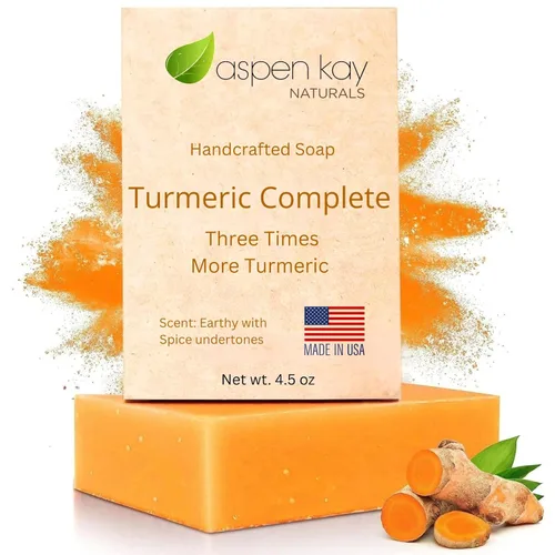 Vista 11 de Aspen Kay Naturals Jabón de cúrcuma para cara y cuerpo, hecho con manteca de karité orgánica, manzanilla y caléndula, lavado facial suave