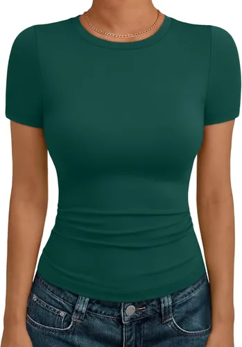 Vista 14 de AUTOMET - Camisetas básicas de manga corta para mujer, para verano, entrenamiento o gimnasio, con cuello redondo, ropa moderna estilo Y2K