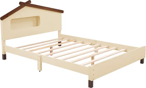 Vista 8 de Quarte Cama de plataforma de madera de tamaño matrimonial para niños con cabecera en forma de casa y luces nocturnas activadas por movimiento,