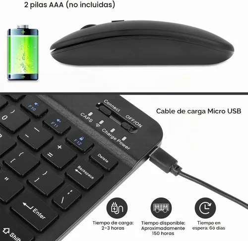 Vista 4 de Combo de teclado y mouse Bluetooth ultra delgado, recargable, portátil, compacto, inalámbrico, juego de teclado para PC, computadora, tableta Negro