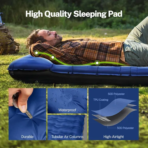 Vista 4 de OGERY Colchoneta de dormir para campamento, almohadilla de dormir reforzada extra gruesa de 6 pulgadas con almohadas y bomba de pie integrada Azul