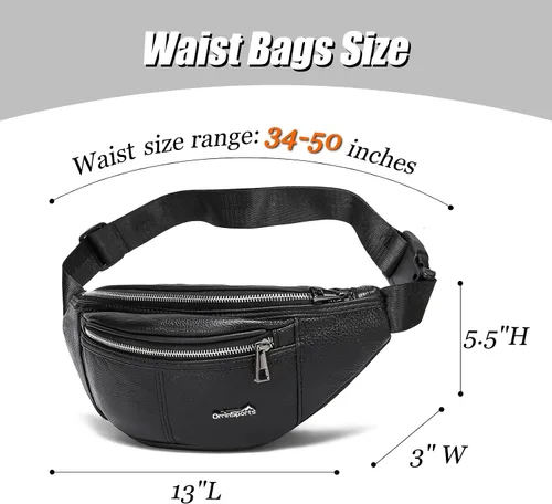 Vista 6 de Riñonera de cuero negro para hombres y mujeres, bolsa de cintura de cuero genuino con correa ajustable para caminar, senderismo, ciclismo, C805#Negro