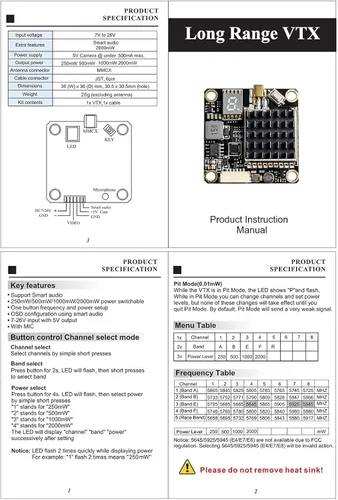 Vista 6 de Transmisor conmutable de largo alcance FPV VTX PIT/250/500/1000/2000mW de largo alcance compatible con configuración OSD utilizando audio