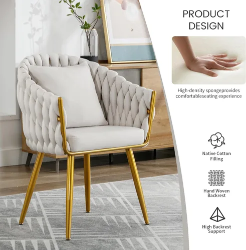 Vista 5 de BOSMILLER Sillas de comedor tejidas, modernas sillas de comedor con patas antideslizantes de metal dorado, respaldo alto curvado, silla de comedor