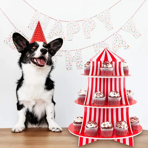 Vista 6 de Exhibidor de poliestireno de 3 niveles para bocadillos, diseño de carpa de circo, ideal para postres, cumpleaños y demás decoraciones