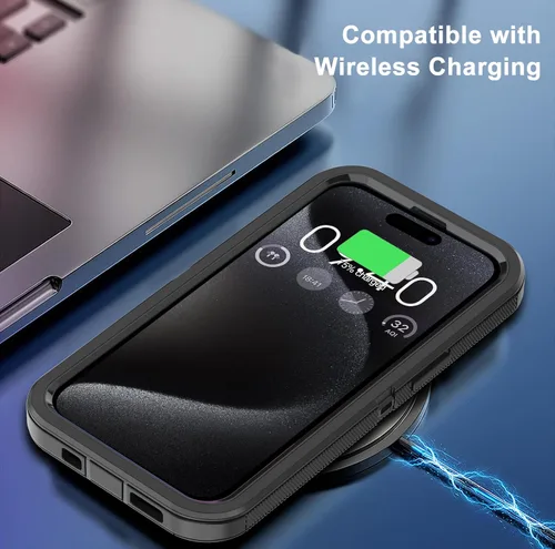 Vista 5 de Funda para iPhone 15 Pro Max con 2 protectores de pantalla, protección contra caídas a prueba de golpes, cuerpo completo, resistente, 3 capas, Negro