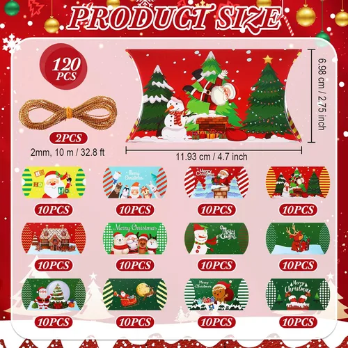 Vista 3 de Cholemy 120 cajas de almohada de Navidad, cajas de regalo pequeñas, tarjetas de regalo de Navidad, a granel, 12 diseños, cajas de dulces de Navidad