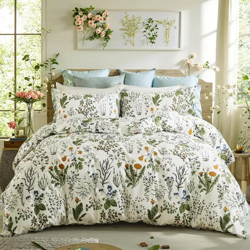 Vista 12 de Juego de edredón floral azul tamaño Queen, juego de ropa de cama botánica azul 100% algodón, edredón suave transpirable de 3 piezas y 2 fundas
