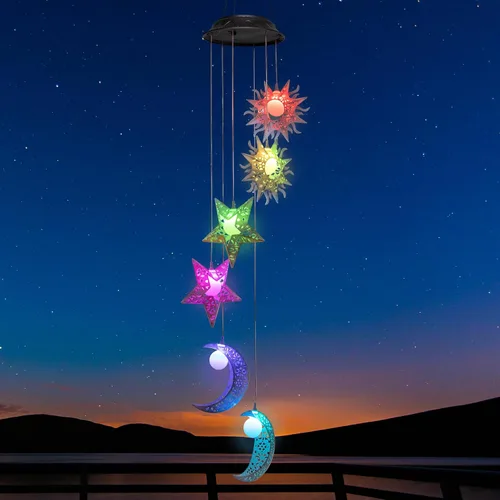 Vista 9 de Tryme Campanillas de viento solares para exteriores con luces colgantes de hadas y 4 tubos de aluminio, decoraciones de luna para el patio, porche