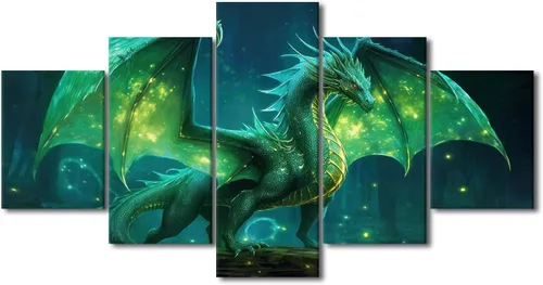 Vista 72 de Lienzo decorativo para pared de sala de estar, lienzo de dragón, 5 paneles, dragón verde, decoración de pared para el hogar, decoración de pared