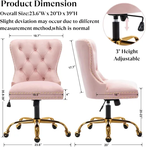 Vista 10 de Moderna silla giratoria de terciopelo, silla de escritorio de maquillaje copetuda con ruedas y base dorada, cómoda silla de escritorio tapizada