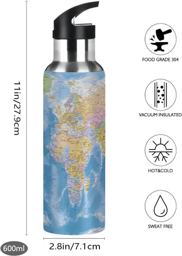 Vista 4 de AUUXVA Globe World Map - Botella de agua de acero inoxidable aislada al vacío, botella de agua para niños con popote y asa para mantener el calor