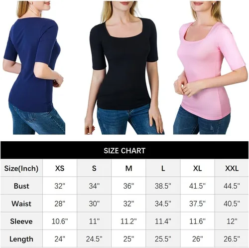 Vista 7 de Artivaly Camiseta ajustada de media manga con cuello cuadrado para mujer