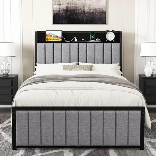Vista 12 de VECELO Queen Bed Frame, Storage Upholstered Headboard with Charging Station, Platform Bedframe, Heavy Duty Metal Slats, No Box Spring Needed
