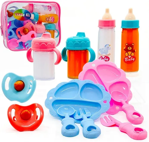 Vista 2 de Accesorios para muñecas de bebé, juego de botellas mágicas de jugo de leche que desaparecen, tazas para sorber con chupetes, cuenco, cucharas