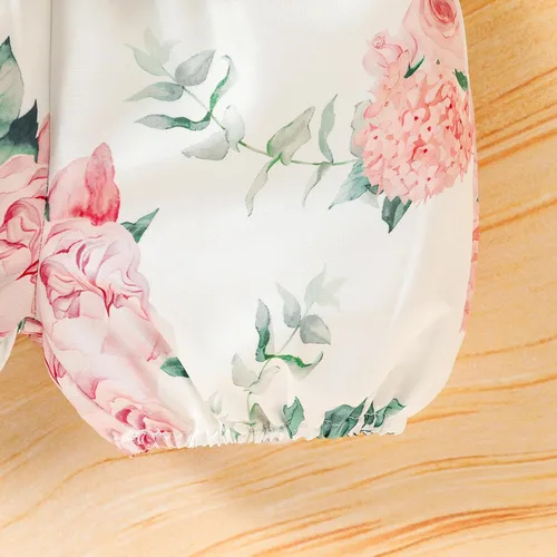 Vista 6 de Trajes florales para niñas y niñas, promovido a hermana mayor, camisa de manga corta + pantalones cortos con lazo floral + diadema, 3 piezas de ropa