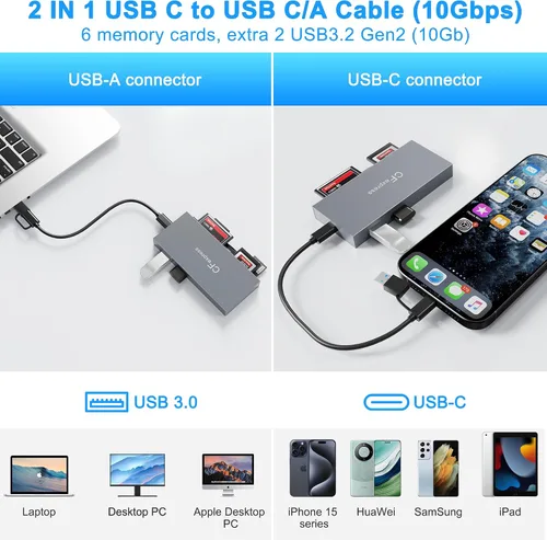 Vista 4 de Lector de tarjetas CFexpress tipo B 8 en 1 con 2 USB de 10 GB, USB 3.2 Gen2 10Gbps CF Express Reader hub para CFexpress tipo B/SD/TF/CF/XD/MS/USB
