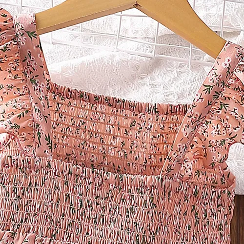 Vista 2 de Vestidos de manga con mosca para niñas pequeñas, vestido floral con mangas con vuelo, vestido de princesa de flores, vestido de verano para niños
